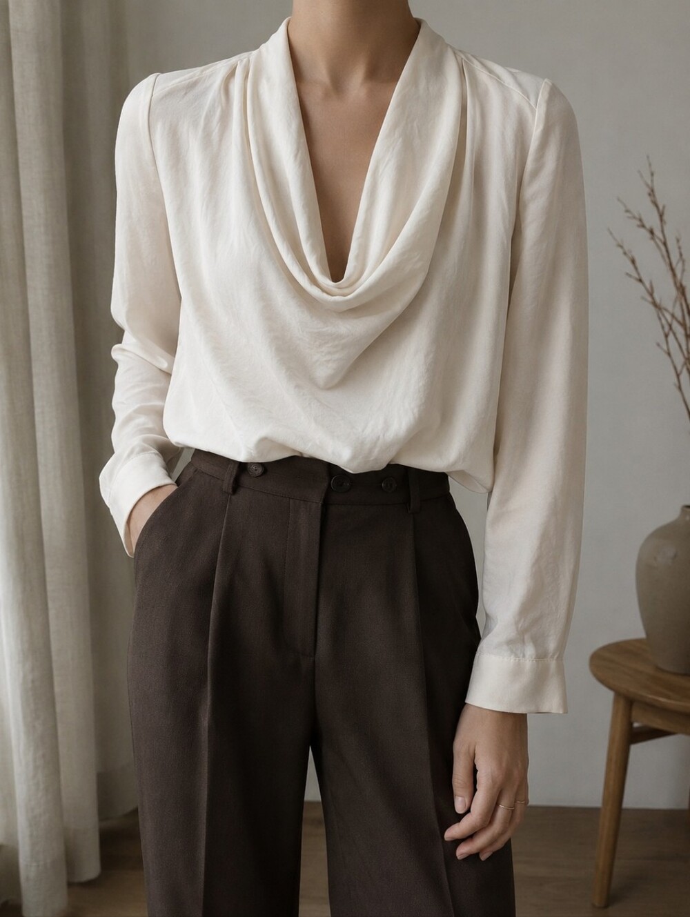 MANGO Ivory Cowl Neck Long Sleeve Blouse | Size S (US 4) | Elegant Drape Top